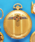 Gold/Email-Frackuhr mit Sprungdeckel, Arco, 14-ct.-3-Deckel-Goldgehäuse mit Streifendekor