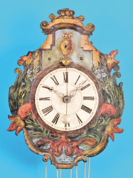 Eisenwanduhr mit Spindelgang, Vorderpendel, 4/4-Schlag auf 2 Glocken und Wecker auf Glocke, um 1750