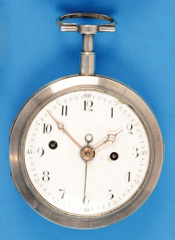 Versilberte Spindeltaschenuhr mit Wecker auf Glocke, um 1800