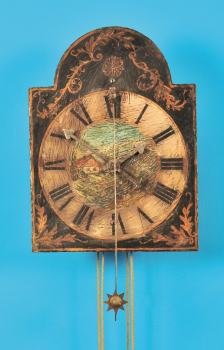 Eisenräderuhr mit Spindelgang, Vorderpendel und Stundenschlag auf Glocke