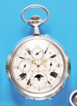 Große Neusilber-Taschenuhr mit Mondphasen-Kalender,