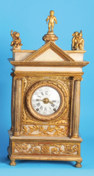 Holztischuhr mit Halbstundenschlag und Wecker auf Glocke,