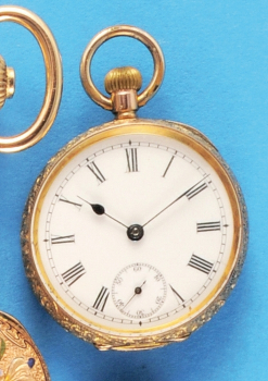 Gravierte Damen-Goldtaschenuhr, floral graviertes 9-ct.-Goldgehäuse