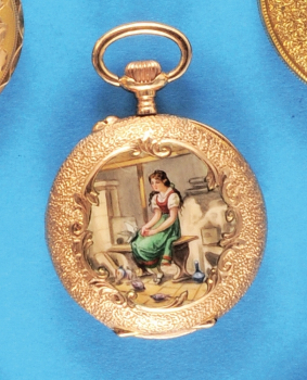 Gold-Emaille-Damen-Taschenuhr mit Darstellung von Aschenputtel
