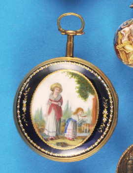 Vergoldete Emaille-Spindeltaschenuhr mit Datum, vergoldetes Gehäuse