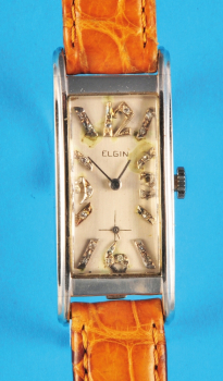 Rechteckige Elgin Platin-Armbanduhr, Zahlen mit Diamanten ausgefasst,