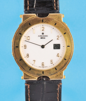 Junghans Mega Quarz Armbanduhr mit Datum, vergoldetes Gehäuse (Gebrauchsspuren),