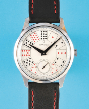 Omega Armbanduhr mit Spielkarten als Stundenindexe,