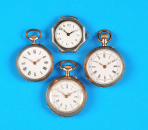 Konvolut mit 4 silbernen Damenuhren, 3 Taschenuhren, 1 als Armbanduhr im 8-eckigen Tulasilber-Gehäuse,