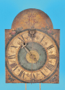 Einzeigerige Eisenräderuhr mit Spindelgang und Vorderpendel, Wecker auf Glocke, im Bogen Monogramm J. A.,