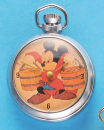 Mickey Mouse Taschenuhr mit Stiftankerwerk, beidseitig verglastes und mit Mickey Mouse Darstellungen coloriertes Nickelgehäuse,