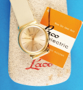 Laco electric Armbanduhr mit springender Zentralsekunde, 18-ct.-Goldauflage, im Original-Etui