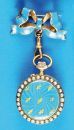 Silberne Email-Damen-Schmuck-Taschenuhr mit Perllünetten und emaillierter Schleife als Brosche,