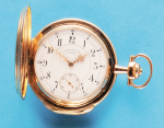 Glashütter Uhrenfabrik Union mit neuzeitlichem Etui, Goldtaschenuhr Louis XIV mit Außenscharnier und Sprungdeckel,