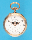 Patentierte 2-seitige, beidseitig verglaste Goldtaschenuhr mit Mondphase und Werkrückseite mit Kalendarium,