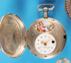 Silberne Spindeltaschenuhr mit Sprungdeckel und Email-Medaillon auf Zifferblatt,