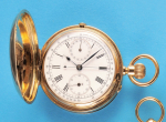 Schwere Goldtaschenuhr mit Sprungdeckel, Chronograph mit Tachymeterskala