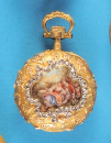 Gold-Email-Damen-Schmuck-Taschenuhr mit Mehrfarbengold-Gehäuse und Diamant-Umrandung um das Emailbild,