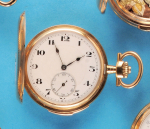 Goldtaschenuhr mit Sprungdeckel und ¼-Repetition auf 2 Tonfedern über Schieber