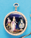Flache Gold-Email-Taschenuhr mit Perllünetten, mit opakem Email und Darstellung eines Paares am Brunnen