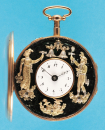 Goldene Spindeltaschenuhr mit Glockenschläger-Automaten (Jacquemarts) und ¼-Repetition,
