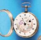 Silberne Spindeltaschenuhr, glattes Gehäuse, mit einem Schäfer bemaltes Emailzifferblatt