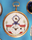 Goldene Spindeltaschenuhr mit Zentralsekunde, kleinem Stunden/Minuten-Zifferblatt und Datum,