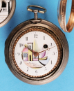 Silberne Spindeltaschenuhr mit bemaltem Emailzifferblatt und Übergehäuse mit Ziernägeln,
