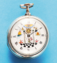 Silberne Spindeltaschenuhr mit bemaltem Zifferblatt mit Freimaurer-Symbolen und Übergehäuse