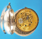 Englische Silber-Spindeltaschenuhr mit Datum und Übergehäuse,