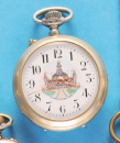 Nickel-Taschenuhr mit bemaltem Zifferblatt „Exposicion 1910“ mit Darstellung des Argentinischen Pavillons der Weltausstellung 19100 in Buenos Aires,